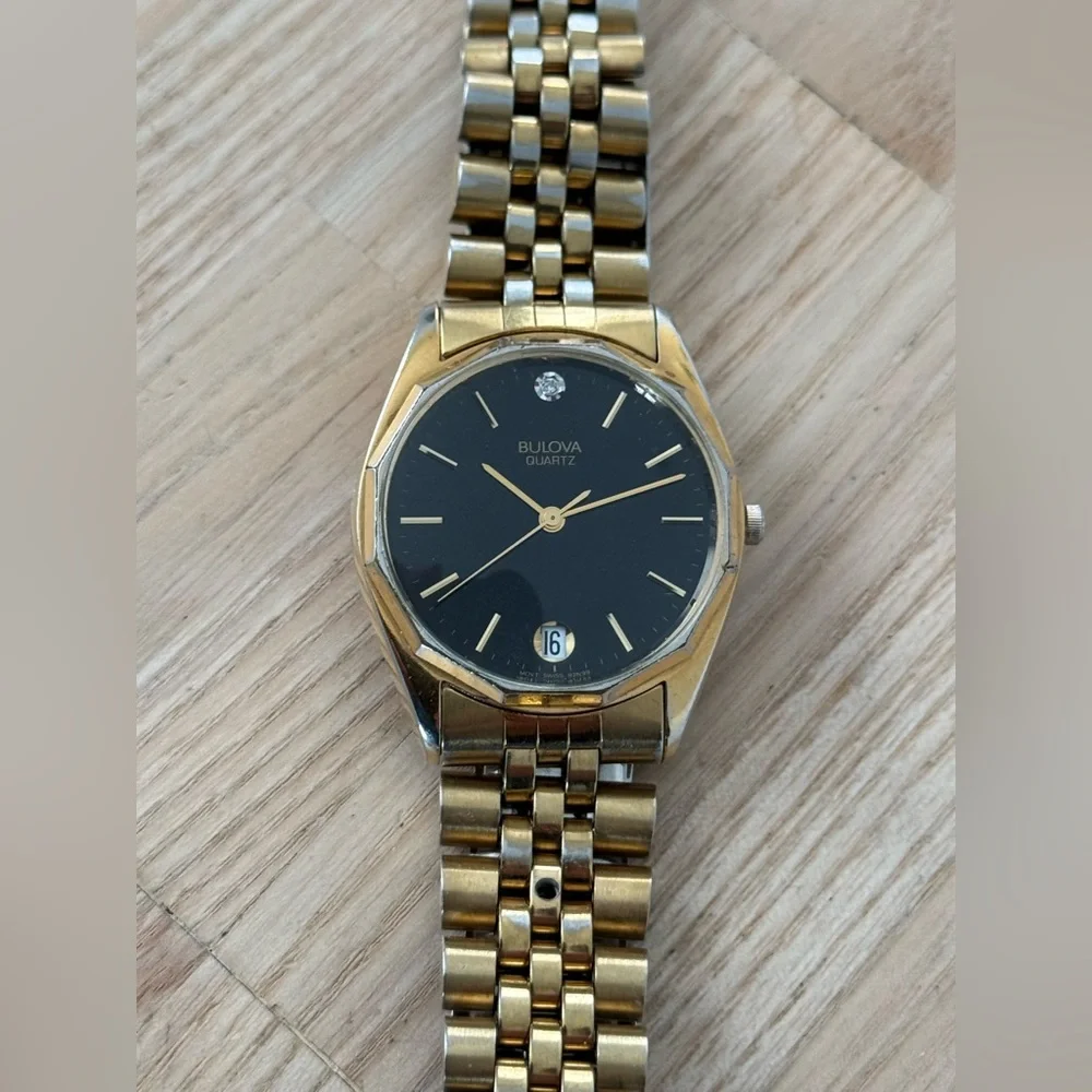Bulova Vintage Diamond Watch Black Dial Gold Case Bracelet Date New Crystal